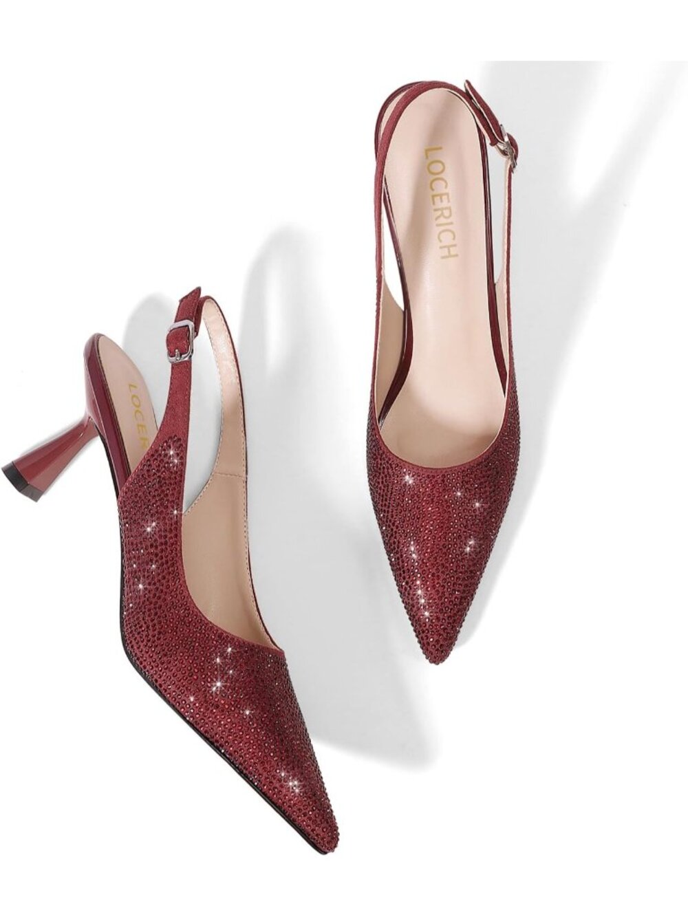 Women's Burgundy Kitten Heels Slingback Low Heel Shoes Closed Toe Rhinestone - Picture 4 of 7